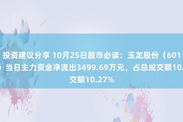 投资建议分享 10月25日股市必读：玉龙股份（601028）当日主力资金净流出3499.69万元，占总成交额10.27%